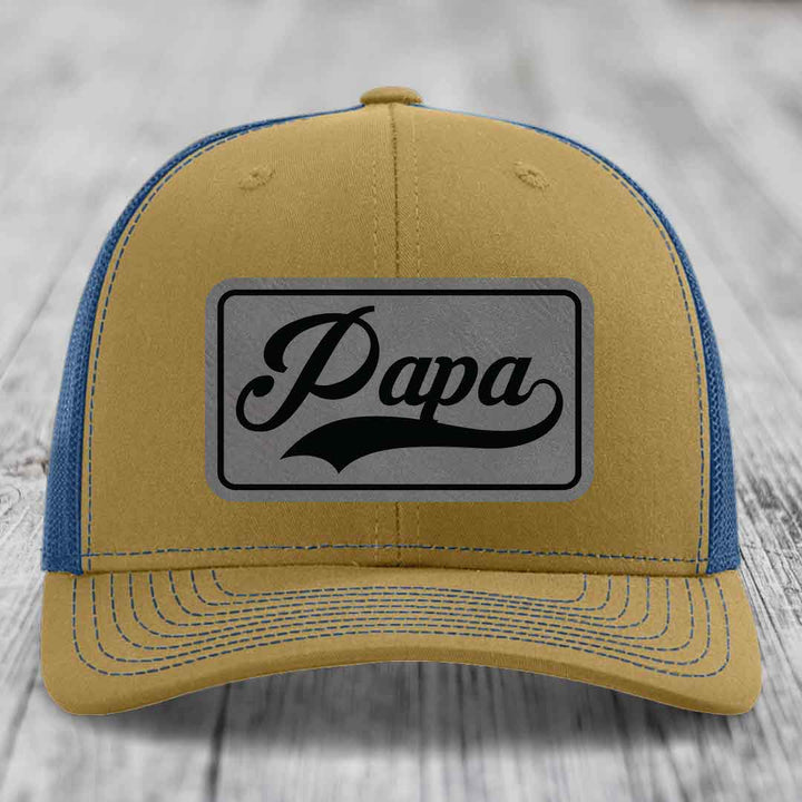 Papa - Leather Patch Hat - Grey to Black Patch - Richardson 112 Snapback Trucker Hat
