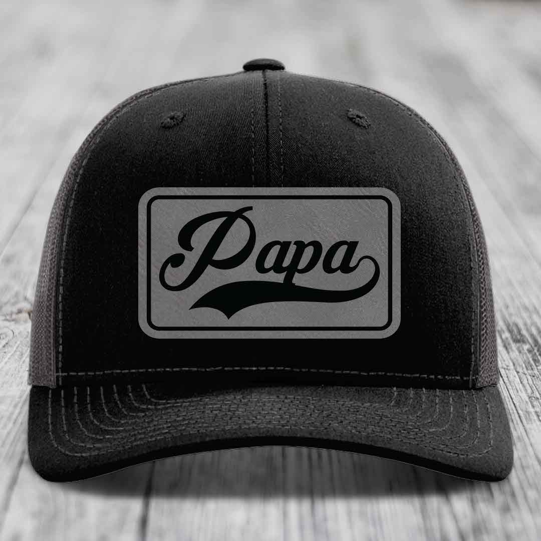 Papa - Leather Patch Hat - Grey to Black Patch - Richardson 112 Snapback Trucker Hat