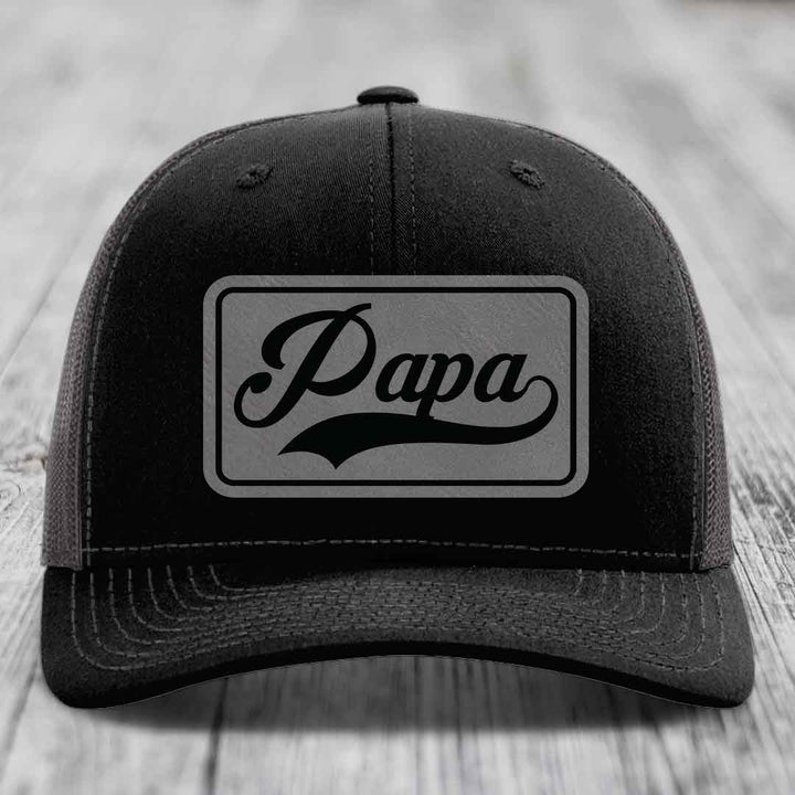 Papa - Leather Patch Hat - Grey to Black Patch - Richardson 112 Snapback Trucker Hat
