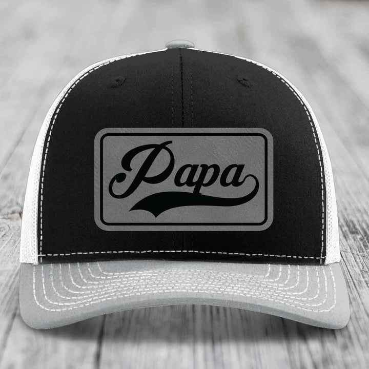 Papa - Leather Patch Hat - Grey to Black Patch - Richardson 112 Snapback Trucker Hat