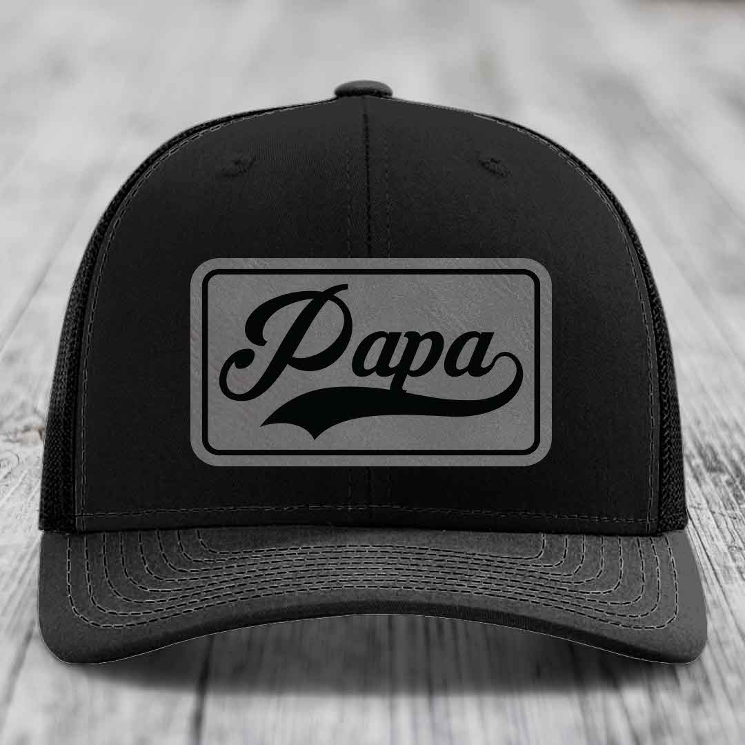 Papa - Leather Patch Hat - Grey to Black Patch - Richardson 112 Snapback Trucker Hat