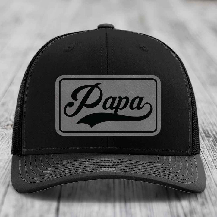Papa - Leather Patch Hat - Grey to Black Patch - Richardson 112 Snapback Trucker Hat