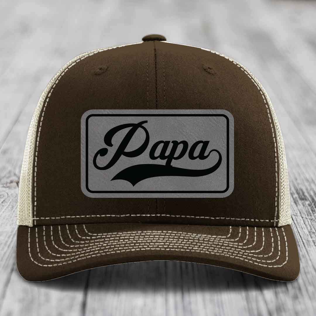 Papa - Leather Patch Hat - Grey to Black Patch - Richardson 112 Snapback Trucker Hat