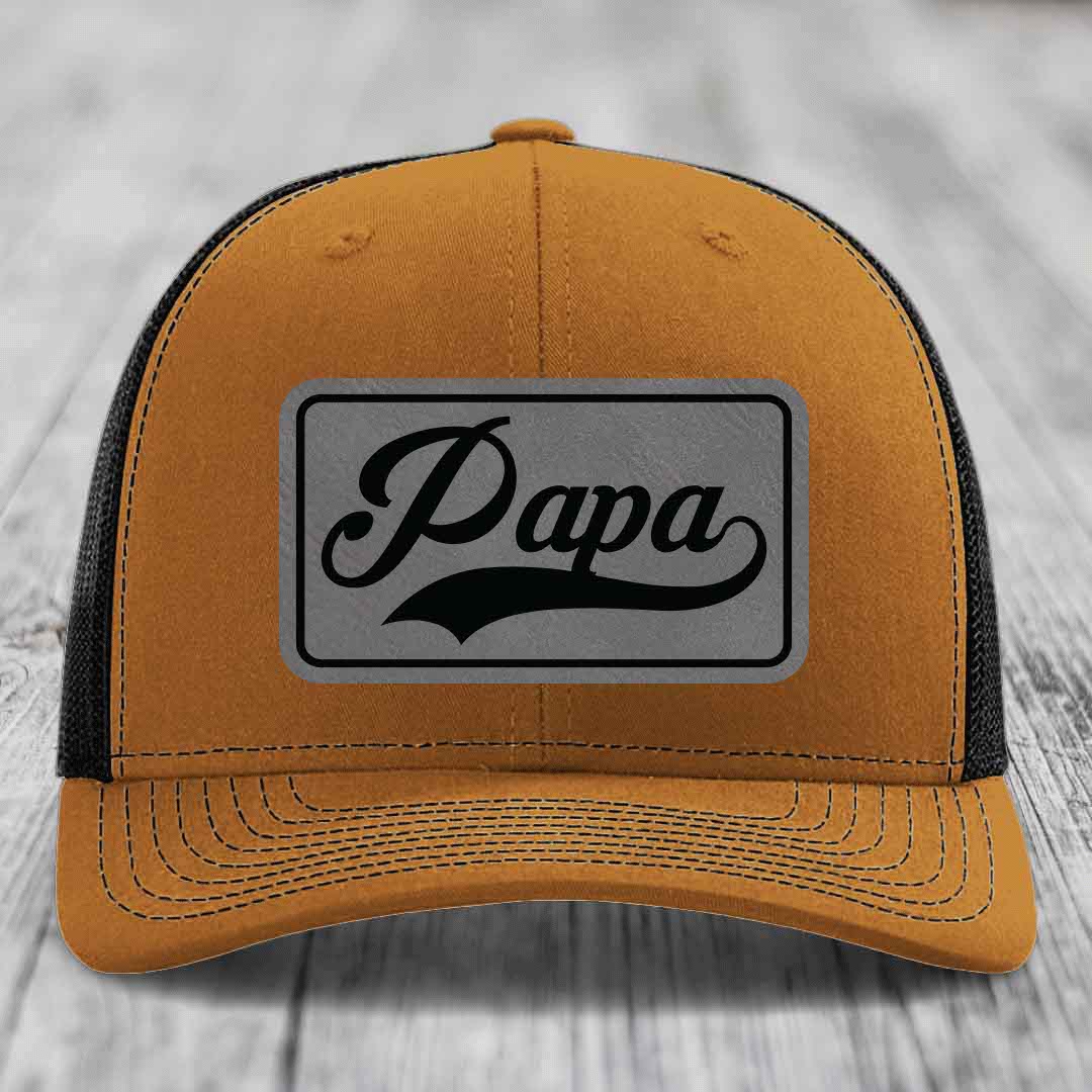 Papa - Leather Patch Hat - Grey to Black Patch - Richardson 112 Snapback Trucker Hat
