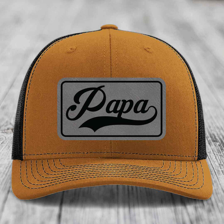 Papa - Leather Patch Hat - Grey to Black Patch - Richardson 112 Snapback Trucker Hat