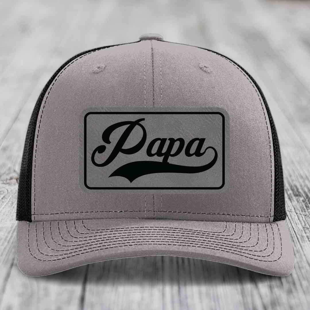 Papa - Leather Patch Hat - Grey to Black Patch - Richardson 112 Snapback Trucker Hat