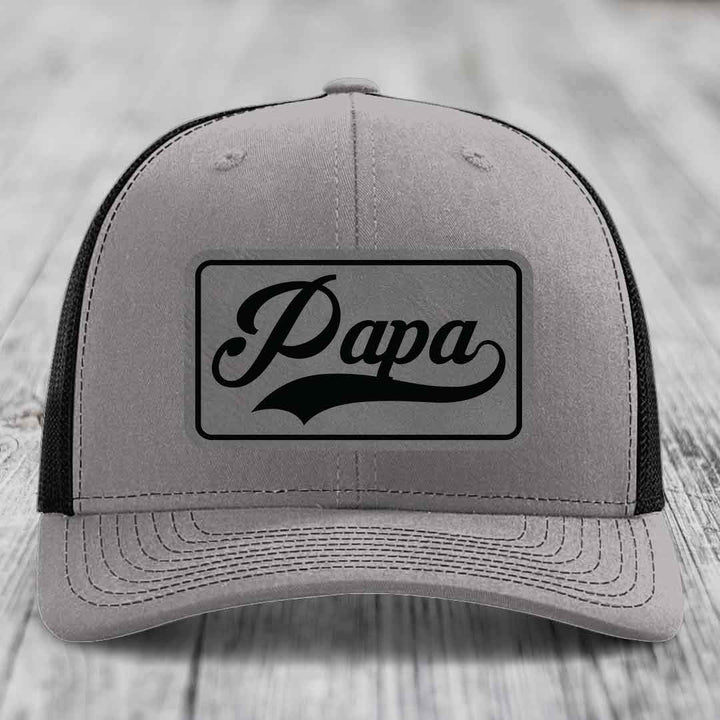 Papa - Leather Patch Hat - Grey to Black Patch - Richardson 112 Snapback Trucker Hat