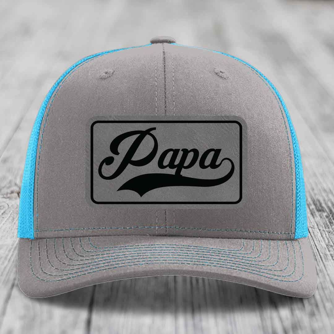 Papa - Leather Patch Hat - Grey to Black Patch - Richardson 112 Snapback Trucker Hat