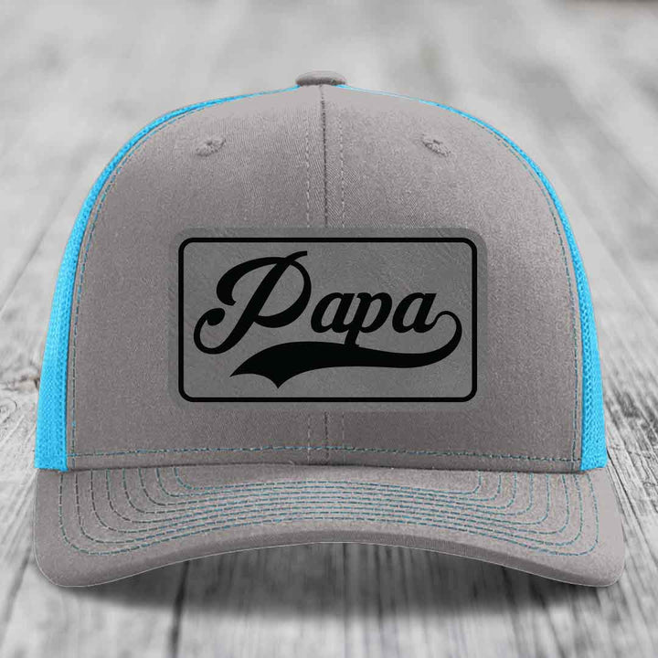 Papa - Leather Patch Hat - Grey to Black Patch - Richardson 112 Snapback Trucker Hat
