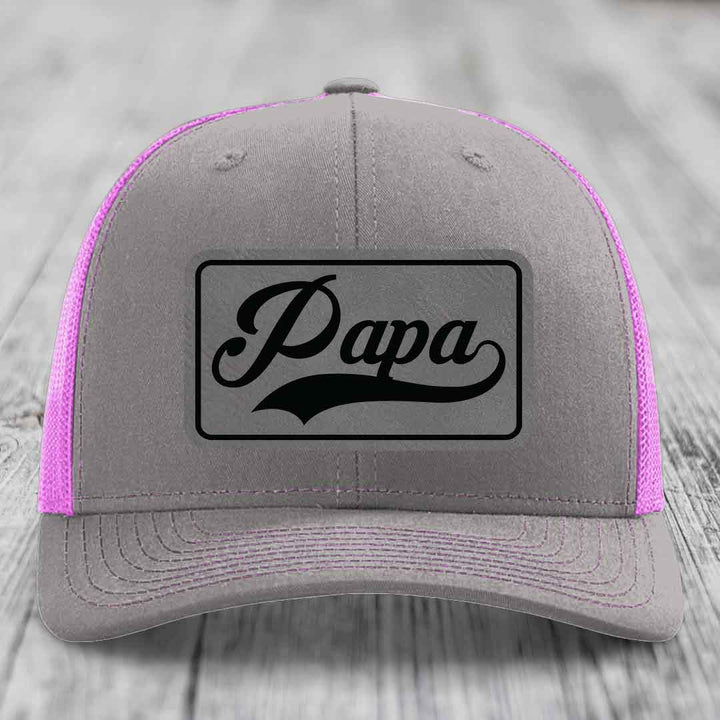 Papa - Leather Patch Hat - Grey to Black Patch - Richardson 112 Snapback Trucker Hat