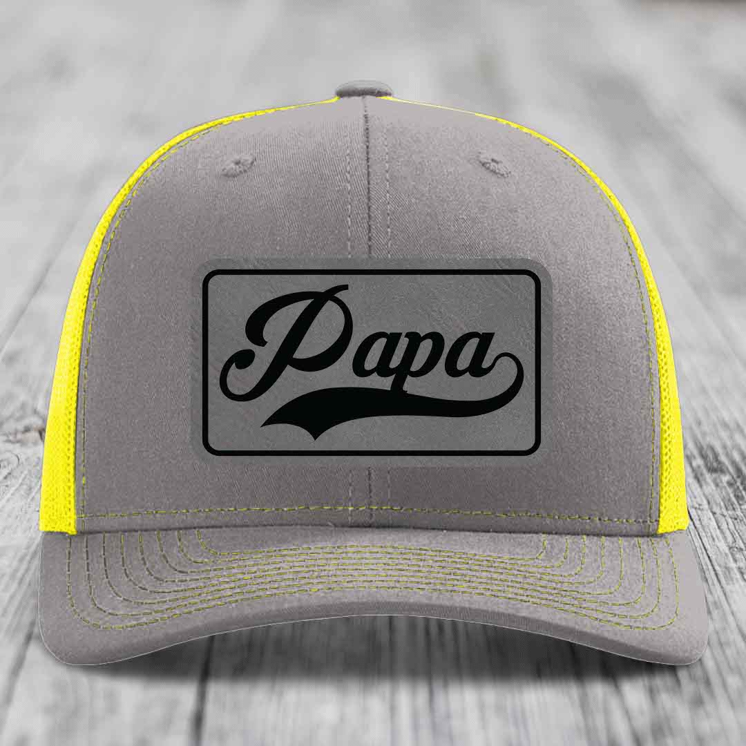 Papa - Leather Patch Hat - Grey to Black Patch - Richardson 112 Snapback Trucker Hat