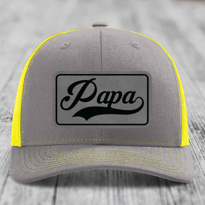 Papa - Leather Patch Hat - Grey to Black Patch - Richardson 112 Snapback Trucker Hat