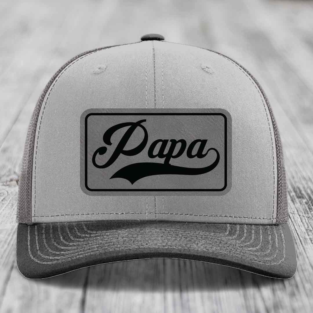 Papa - Leather Patch Hat - Grey to Black Patch - Richardson 112 Snapback Trucker Hat