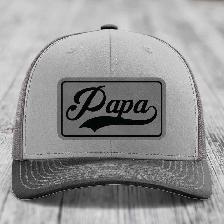 Papa - Leather Patch Hat - Grey to Black Patch - Richardson 112 Snapback Trucker Hat