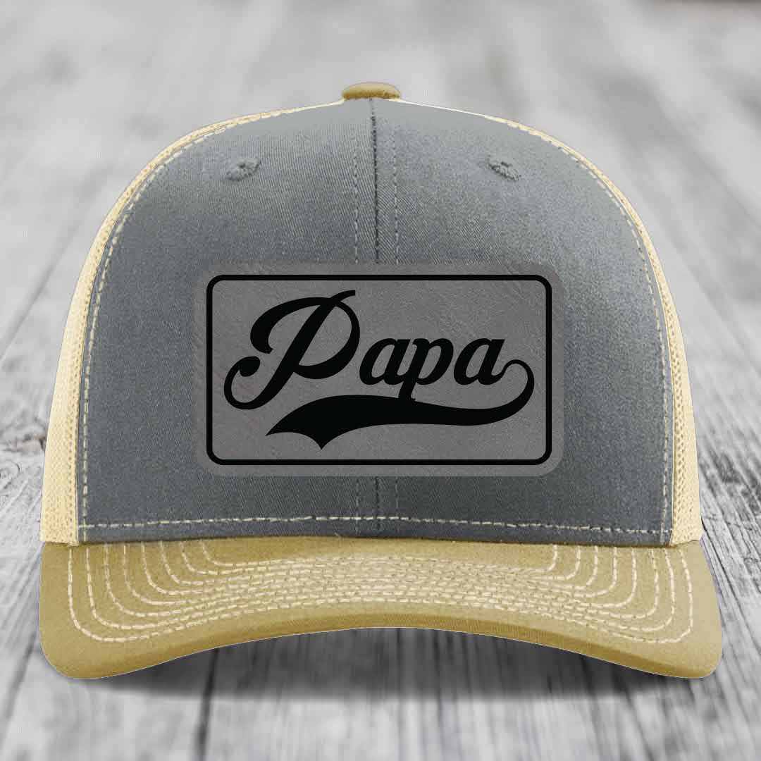 Papa - Leather Patch Hat - Grey to Black Patch - Richardson 112 Snapback Trucker Hat