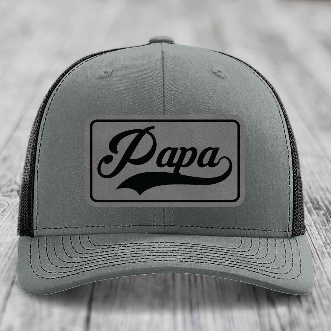 Papa - Leather Patch Hat - Grey to Black Patch - Richardson 112 Snapback Trucker Hat