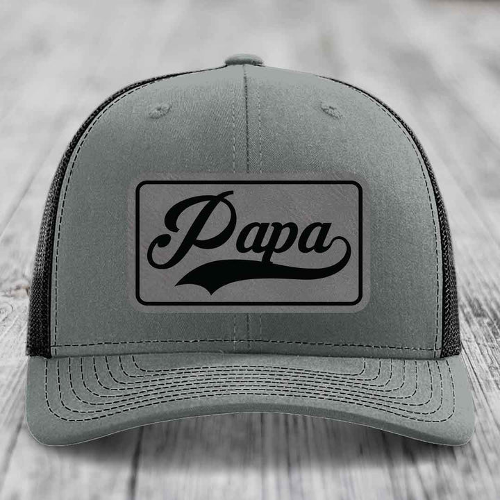 Papa - Leather Patch Hat - Grey to Black Patch - Richardson 112 Snapback Trucker Hat