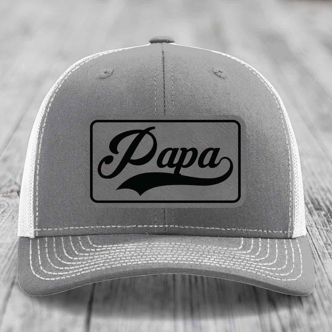 Papa - Leather Patch Hat - Grey to Black Patch - Richardson 112 Snapback Trucker Hat