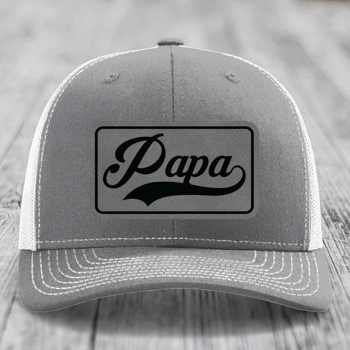 Papa - Leather Patch Hat - Grey to Black Patch - Richardson 112 Snapback Trucker Hat