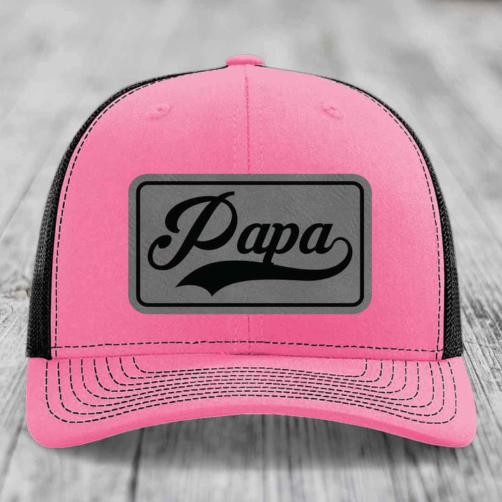 Papa - Leather Patch Hat - Grey to Black Patch - Richardson 112 Snapback Trucker Hat