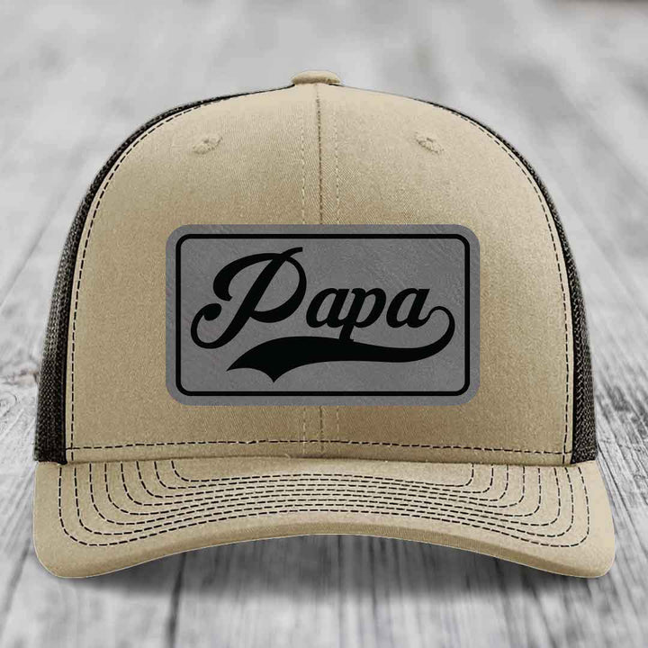 Papa - Leather Patch Hat - Grey to Black Patch - Richardson 112 Snapback Trucker Hat
