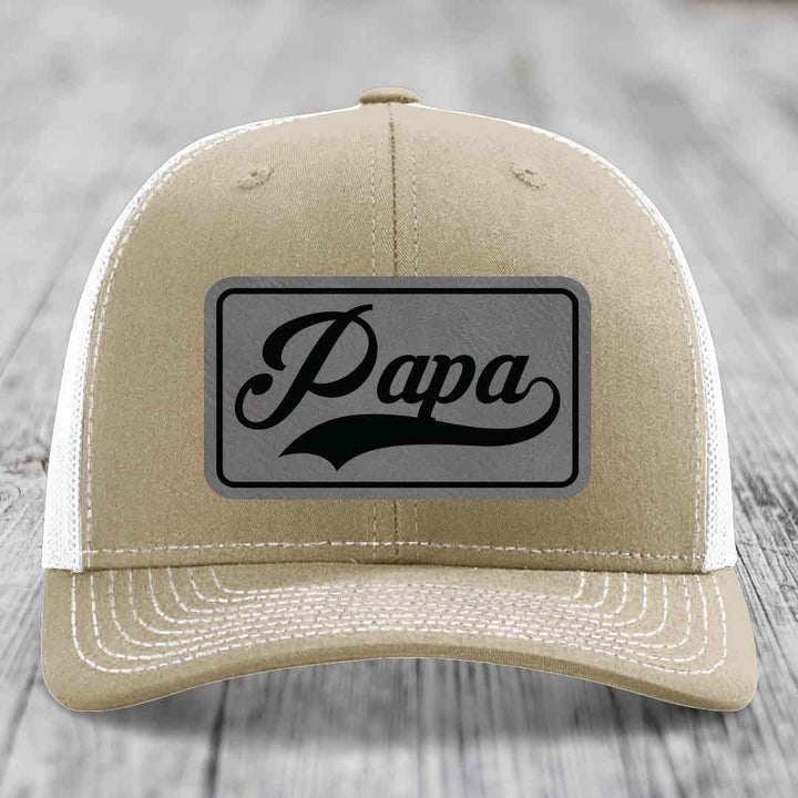 Papa - Leather Patch Hat - Grey to Black Patch - Richardson 112 Snapback Trucker Hat