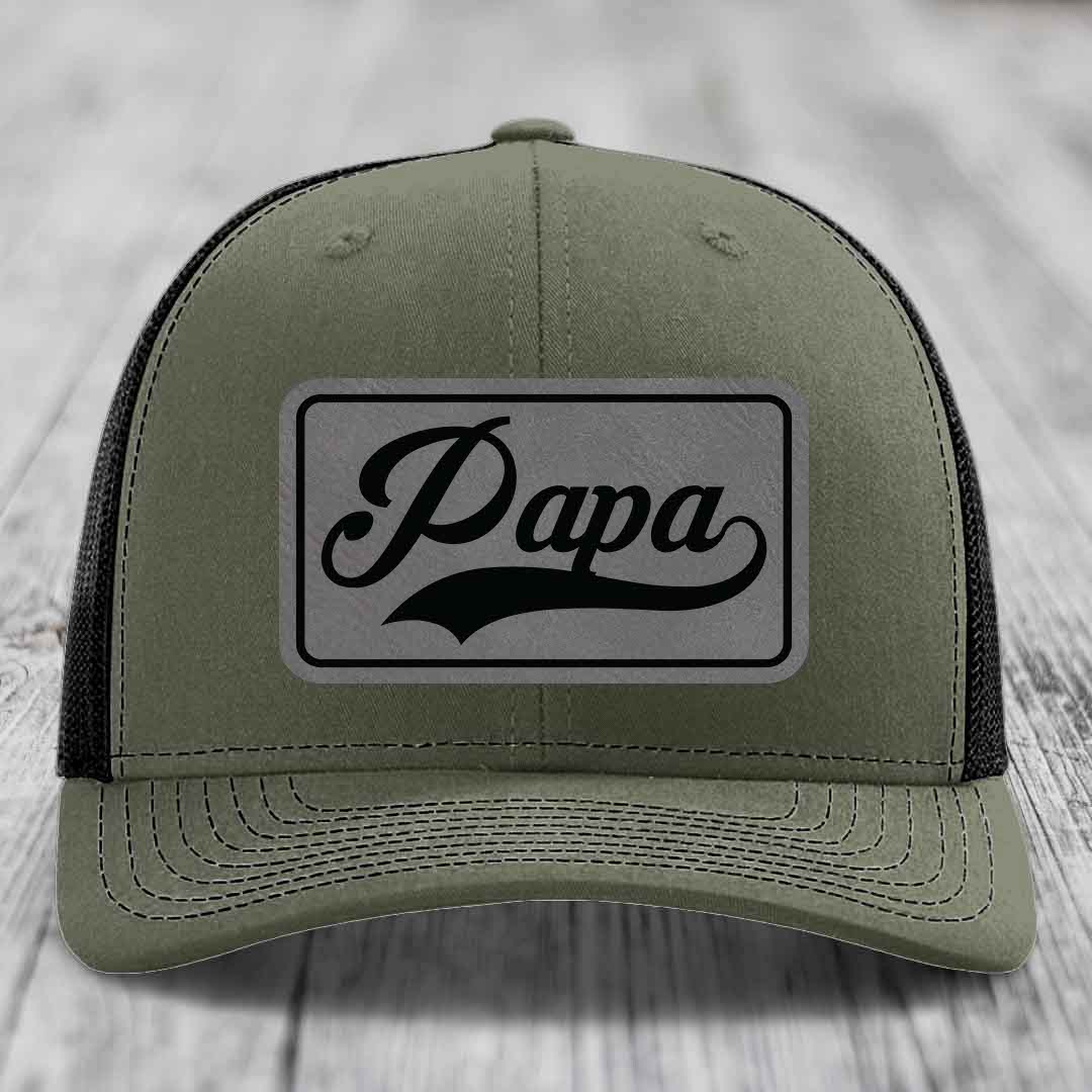Papa - Leather Patch Hat - Grey to Black Patch - Richardson 112 Snapback Trucker Hat