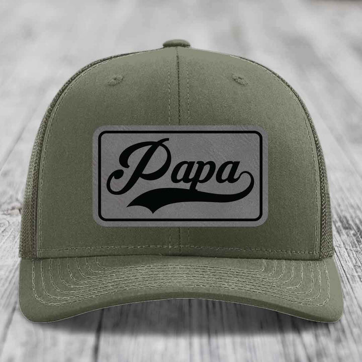 Papa - Leather Patch Hat - Grey to Black Patch - Richardson 112 Snapback Trucker Hat