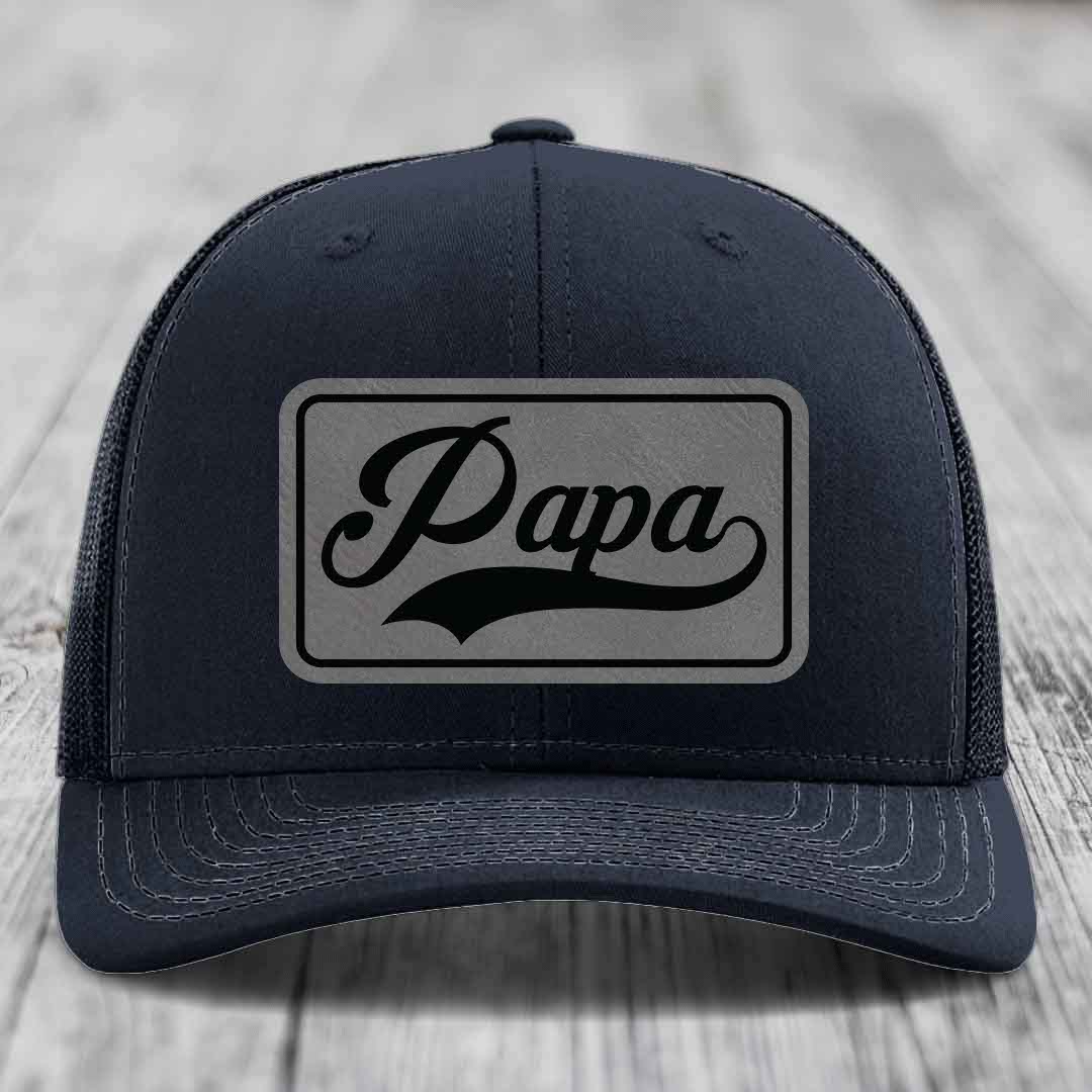 Papa - Leather Patch Hat - Grey to Black Patch - Richardson 112 Snapback Trucker Hat