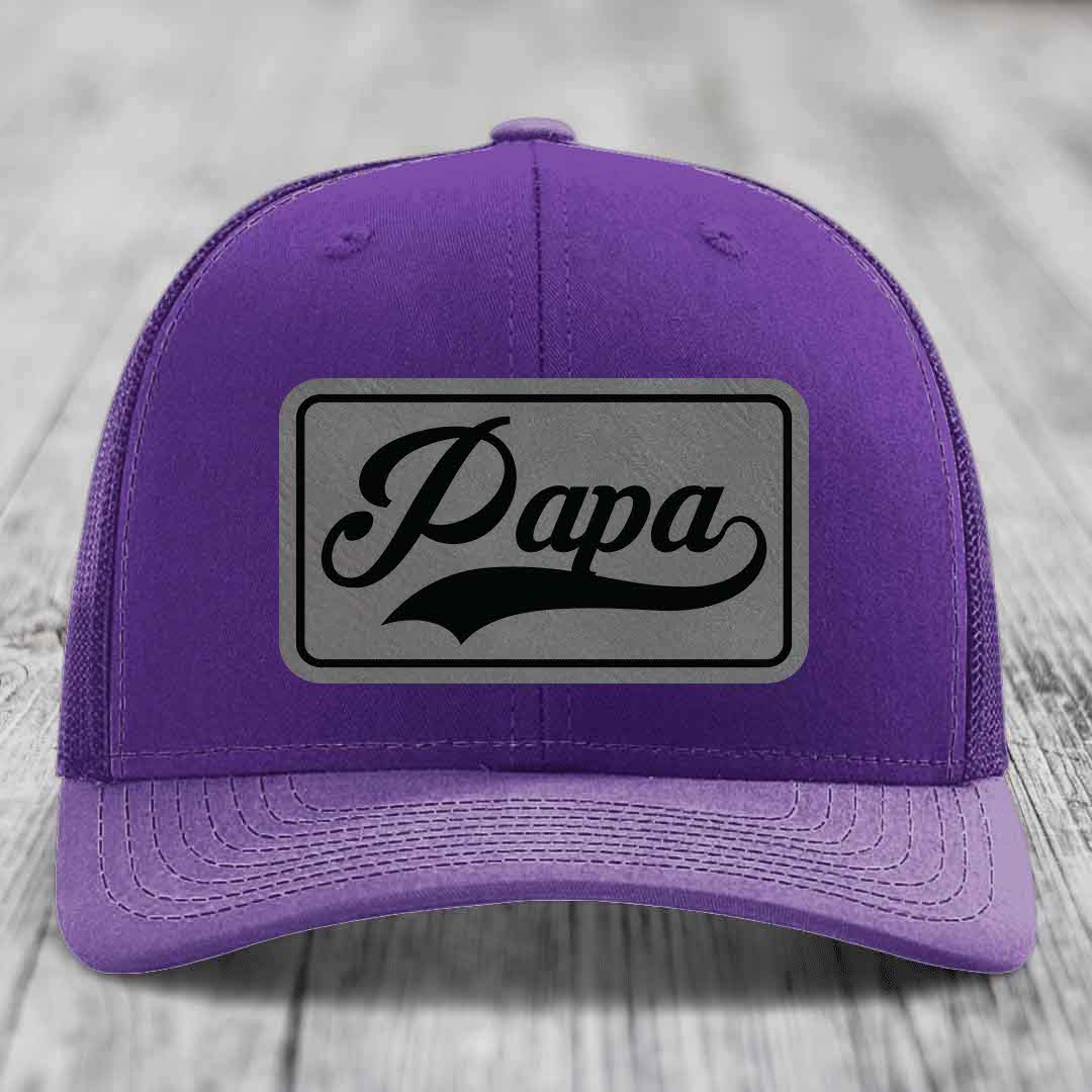 Papa - Leather Patch Hat - Grey to Black Patch - Richardson 112 Snapback Trucker Hat
