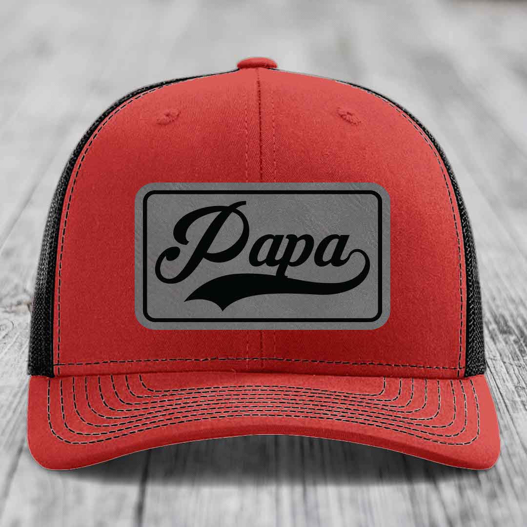 Papa - Leather Patch Hat - Grey to Black Patch - Richardson 112 Snapback Trucker Hat