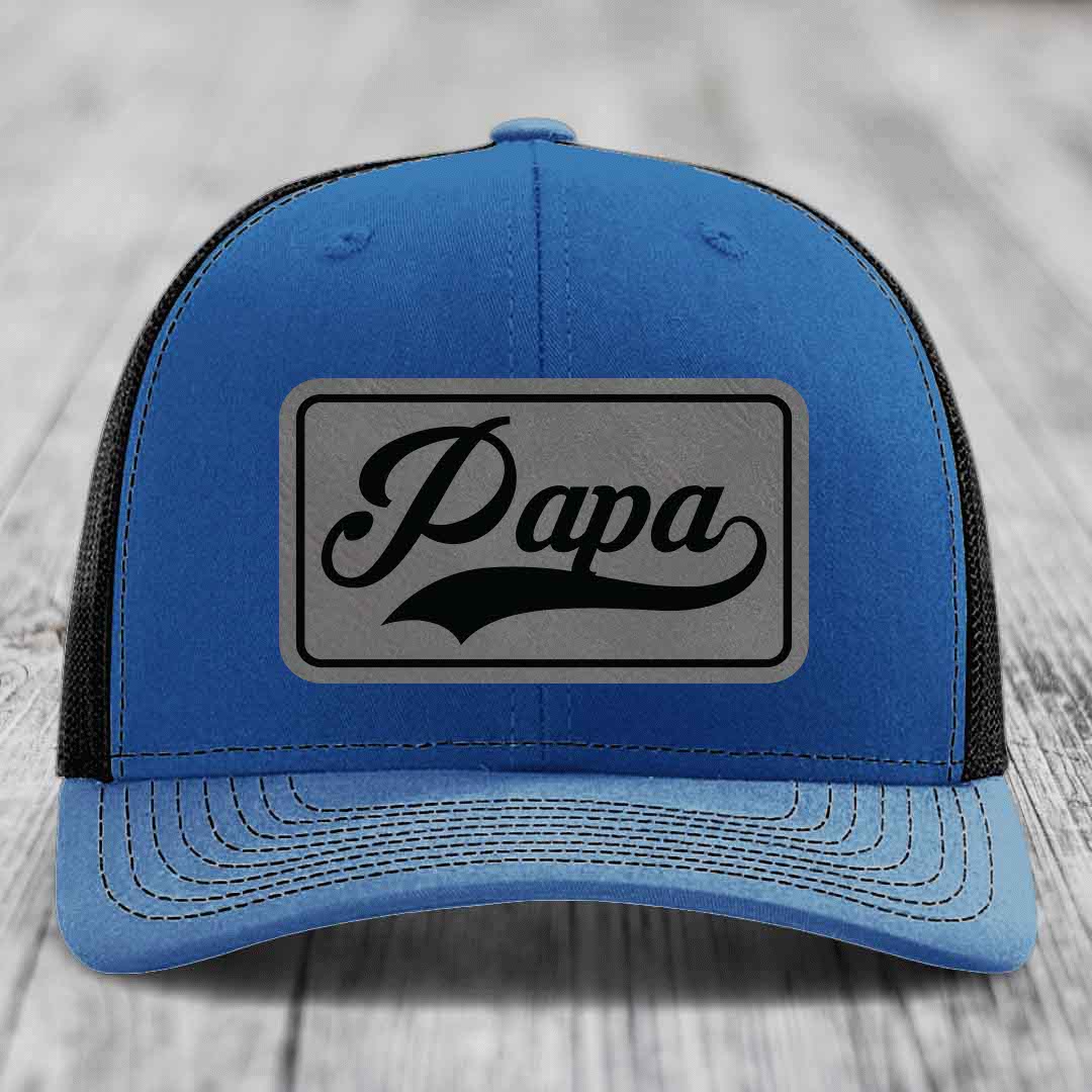 Papa - Leather Patch Hat - Grey to Black Patch - Richardson 112 Snapback Trucker Hat