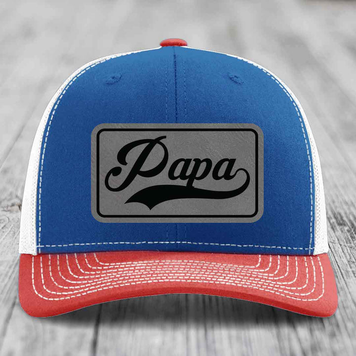 Papa - Leather Patch Hat - Grey to Black Patch - Richardson 112 Snapback Trucker Hat