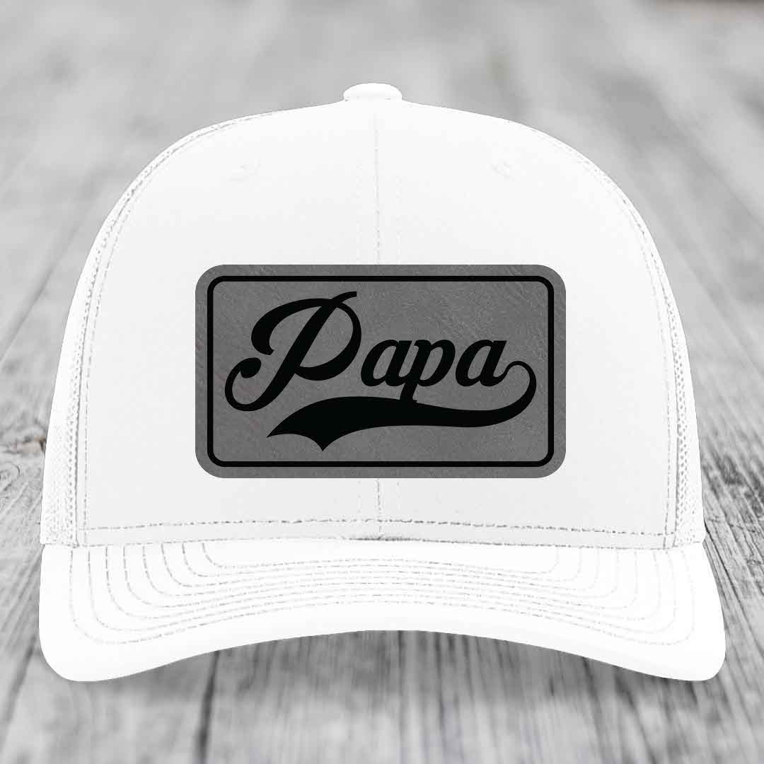 Papa - Leather Patch Hat - Grey to Black Patch - Richardson 112 Snapback Trucker Hat