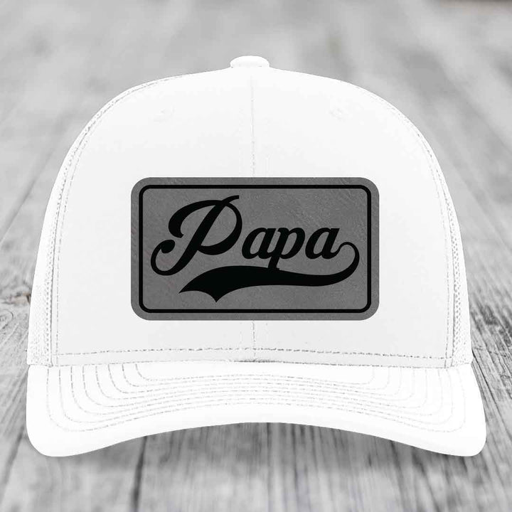 Papa - Leather Patch Hat - Grey to Black Patch - Richardson 112 Snapback Trucker Hat