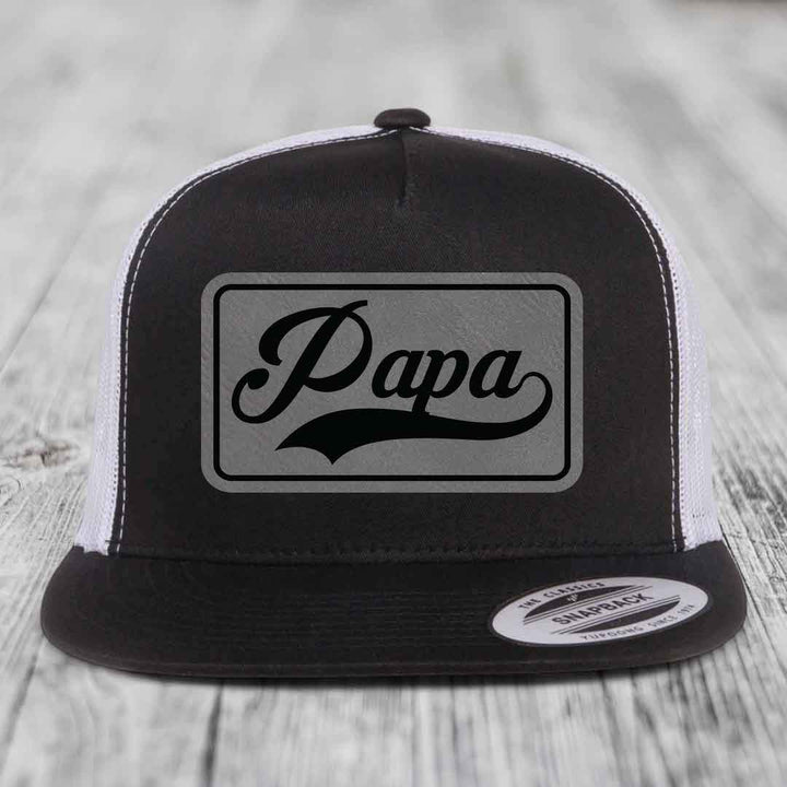 Papa - Leather Patch Hat - Grey to Black Patch - Yupoong 6006 Snapback Flatbill Hat