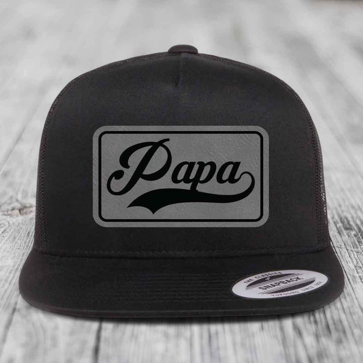 Papa - Leather Patch Hat - Grey to Black Patch - Yupoong 6006 Snapback Flatbill Hat