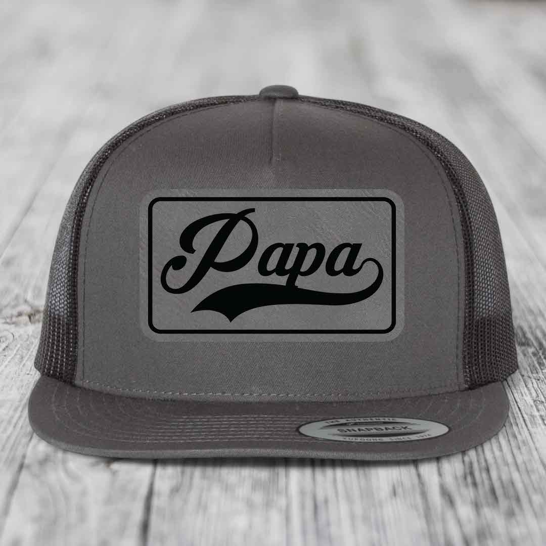 Papa - Leather Patch Hat - Grey to Black Patch - Yupoong 6006 Snapback Flatbill Hat