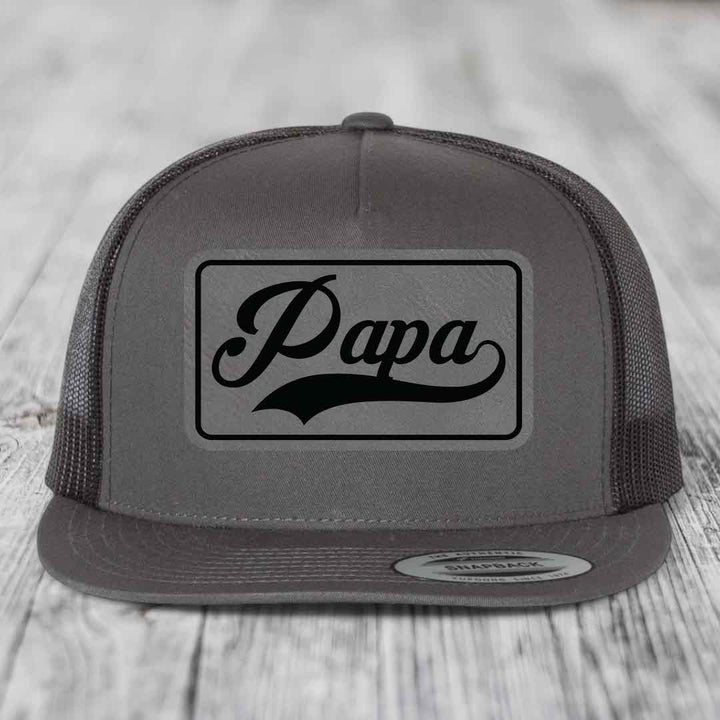 Papa - Leather Patch Hat - Grey to Black Patch - Yupoong 6006 Snapback Flatbill Hat