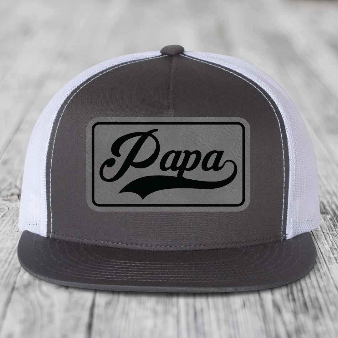 Papa - Leather Patch Hat - Grey to Black Patch - Yupoong 6006 Snapback Flatbill Hat