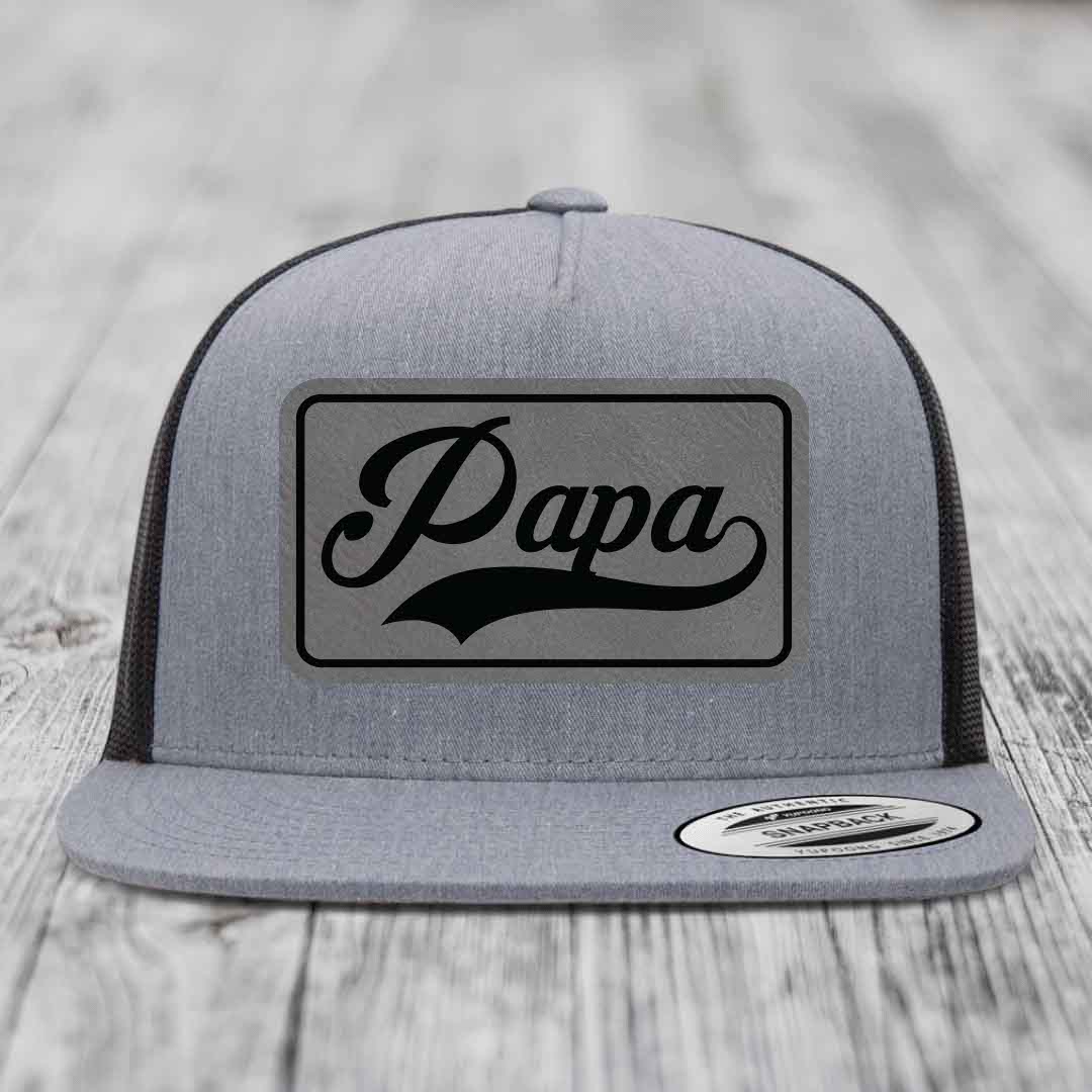 Papa - Leather Patch Hat - Grey to Black Patch - Yupoong 6006 Snapback Flatbill Hat