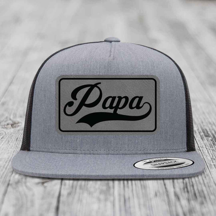 Papa - Leather Patch Hat - Grey to Black Patch - Yupoong 6006 Snapback Flatbill Hat