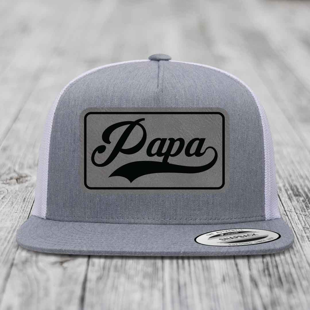 Papa - Leather Patch Hat - Grey to Black Patch - Yupoong 6006 Snapback Flatbill Hat