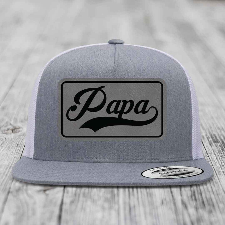 Papa - Leather Patch Hat - Grey to Black Patch - Yupoong 6006 Snapback Flatbill Hat