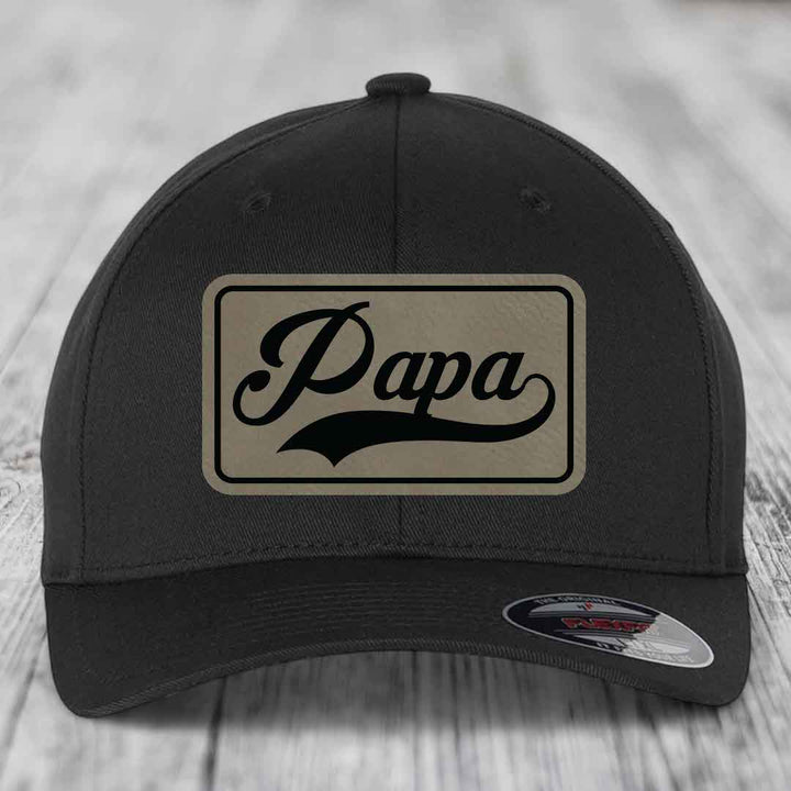 Papa - Leather Patch Hat - Light Brown to Black Patch - Flexfit 6277 Fitted Hat
