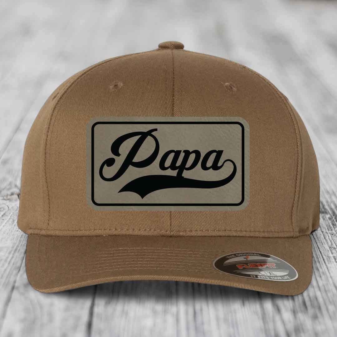 Papa - Leather Patch Hat - Light Brown to Black Patch - Flexfit 6277 Fitted Hat