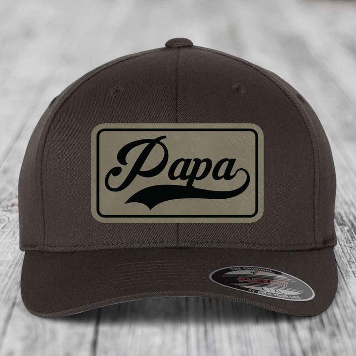 Papa - Leather Patch Hat - Light Brown to Black Patch - Flexfit 6277 Fitted Hat