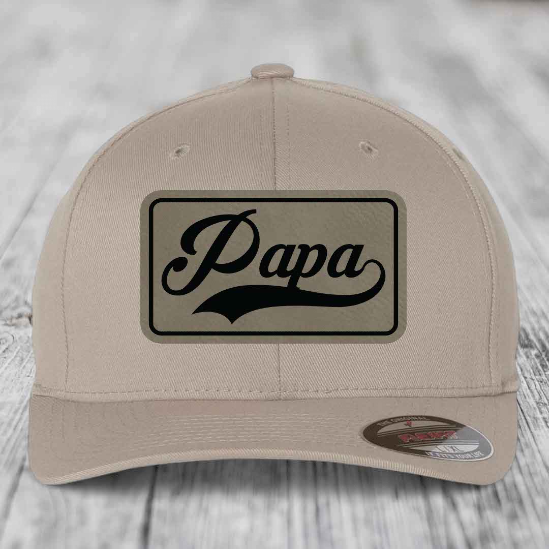 Papa - Leather Patch Hat - Light Brown to Black Patch - Flexfit 6277 Fitted Hat