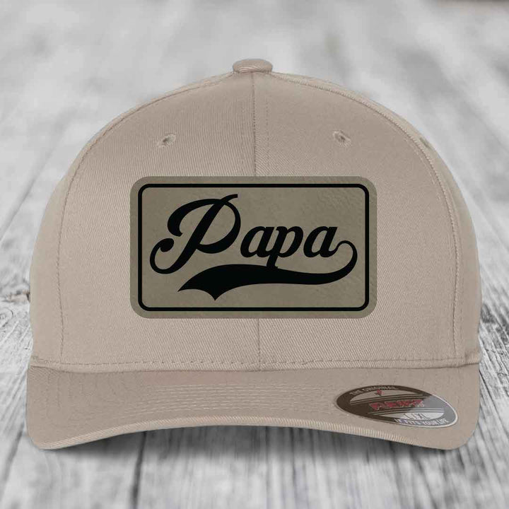 Papa - Leather Patch Hat - Light Brown to Black Patch - Flexfit 6277 Fitted Hat