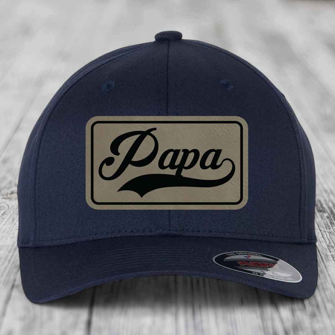 Papa - Leather Patch Hat - Light Brown to Black Patch - Flexfit 6277 Fitted Hat